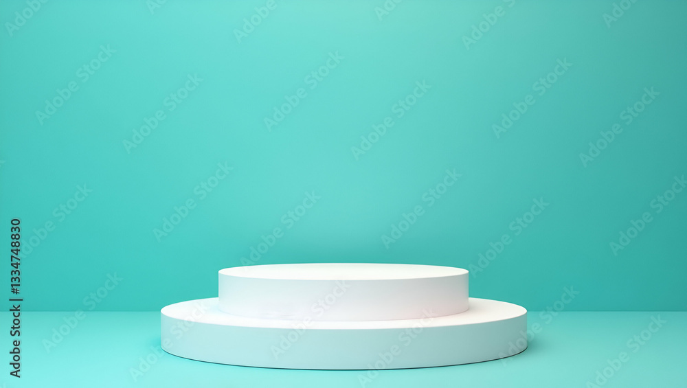 Stylish White Cylindrical Podium with Two Levels for Product Display Against Blue Green Wall - Perfect for Photo Stock Concepts with Empty Space for Customization Stylish White Cylindrical Podium with Two Levels for Product Display Against Blue Green Wall - Perfect for Photo Stock Concepts with Empty Space for Customization