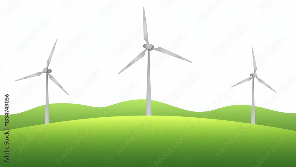 Fototapeta premium Flat Wind Turbines and Grassy Hills Flora Isolated on Transparent Background: A Cute Vector Illustration Representing Natural Energy Concepts for Smart Business Solutions