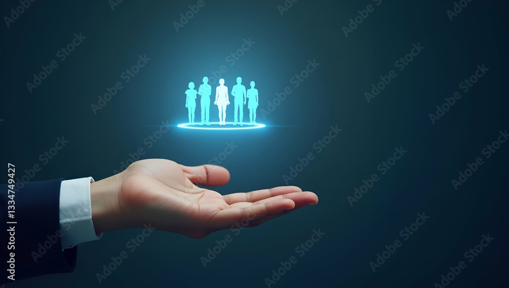 Flat Hand Selecting Holographic Recruitment Target Device: Visualizing Talent Acquisition with Group Icons for Effective Candidate Selection and Skill Assessment Strategies in a Smart Business Context Flat Hand Selecting Holographic Recruitment Target Device: Visualizing Talent Acquisition with Group Icons for Effective Candidate Selection and Skill Assessment Strategies in a Smart Business Context
