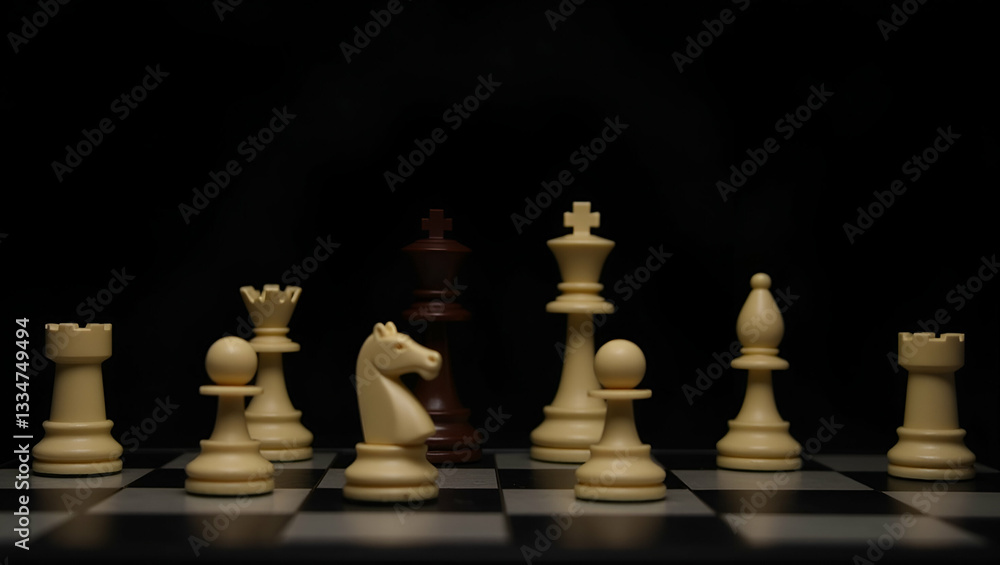 Chessboard with Chess Pieces on Black Background: A Symbol of Business Leadership and Strategic Decision Making - Perfect for Stock Photos with Empty Space for Text Chessboard with Chess Pieces on Black Background: A Symbol of Business Leadership and Strategic Decision Making - Perfect for Stock Photos with Empty Space for Text