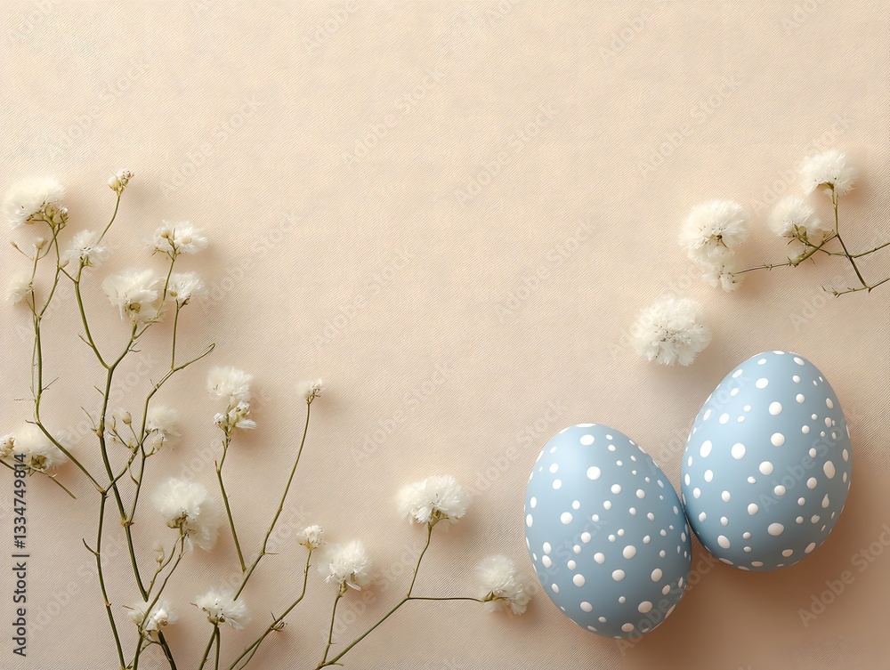 Fototapeta premium Easter Egg Elegance: A delicate Easter arrangement featuring two pastel blue eggs adorned with white polka dots, elegantly arranged amidst sprigs of white gypsophila against a soft, inviting backdrop.