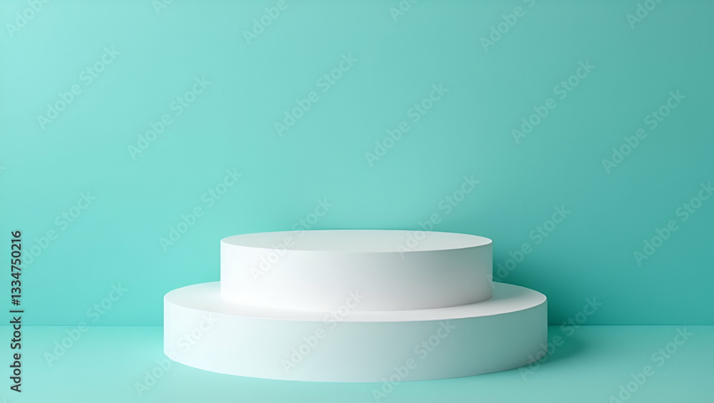 White cylindrical podium with two levels used for displaying products set against a blue green wall background. concept as White cylindrical podium with two levels used for displaying products set aga White cylindrical podium with two levels used for displaying products set against a blue green wall background. concept as White cylindrical podium with two levels used for displaying products set aga