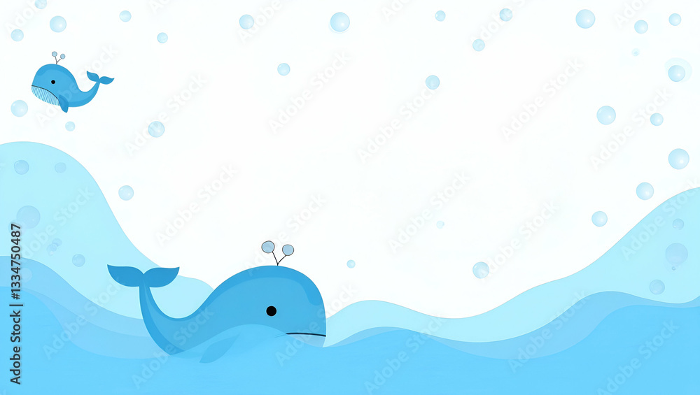 Naklejka premium Blue water waves and whale icons border with copy space for World Water Day concept as Blue water waves whale icons border providing space for messages on whale conservation and marine health in Phot