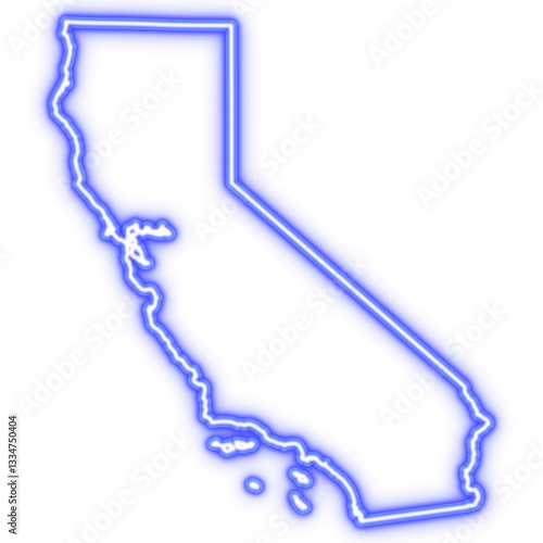 Neon blue outline of California state map on transparent background