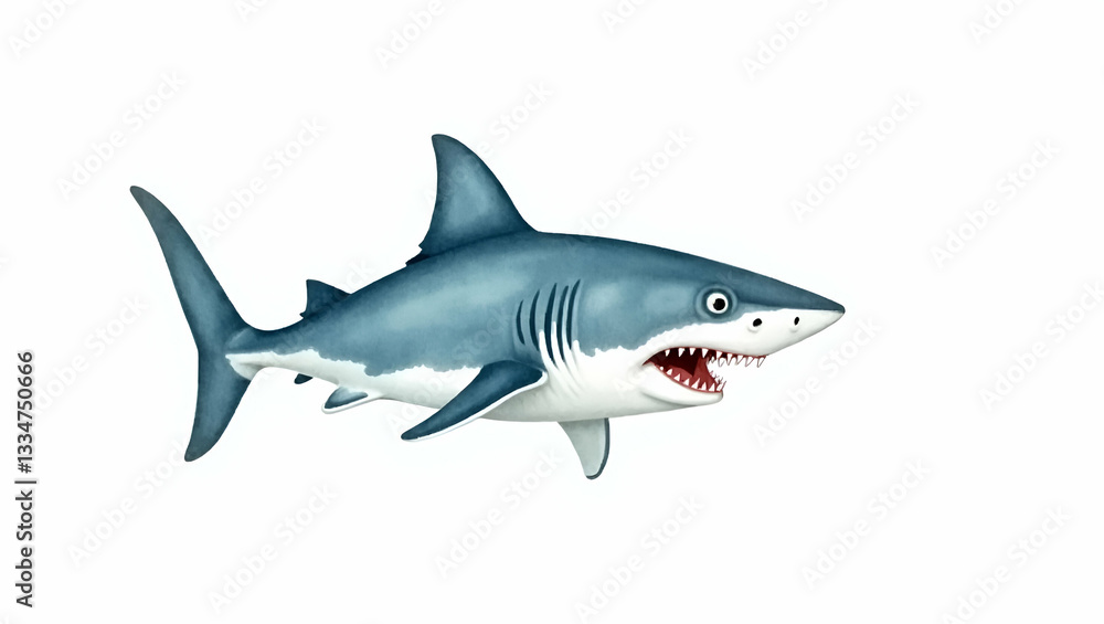 Fototapeta premium Hand Drawn Watercolor Illustration of a Hammerhead Shark Patrolling the Ocean on White Background - Unique Clipart for Photo Stock with Empty Space on the Left Side