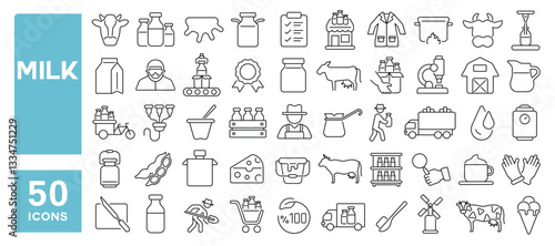 Set of 50 line icons related to milk, cream, dairy, product, yogurt, soybean, calcium, healthy, cow, cheese, curd, milk bottle, Editable stroke. Vector illustration