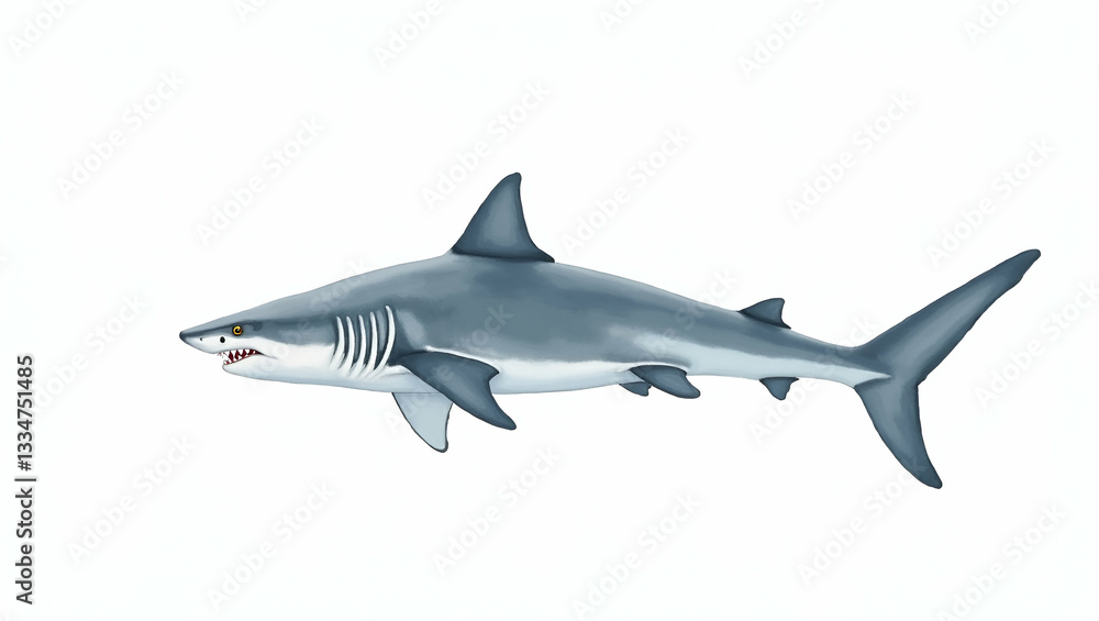 Naklejka premium Hand Drawn Watercolor Illustration of a Hammerhead Shark Patrolling the Ocean on White Background - Unique Clipart for Photo Stock with Empty Space on the Left Side