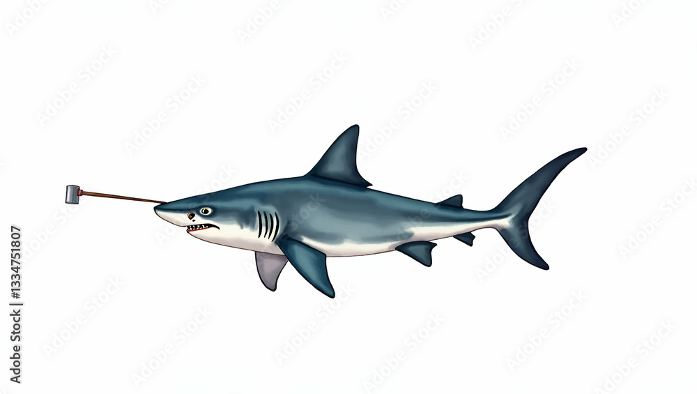 Obraz premium Hammerhead shark patrolling clipart watercolor illustration hand drawn style white background concept as Hand drawn watercolor illustration of a hammerhead shark patrolling the ocean set against a whi