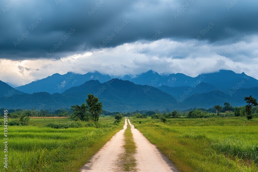 A quiet country road leading towards a distant mountain range, with thick, dark clouds covering the sky. The path ahead appears unclear as the storm seems to take over A quiet country road leading towards a distant mountain range, with thick, dark clouds covering the sky. The path ahead appears unclear as the storm seems to take over