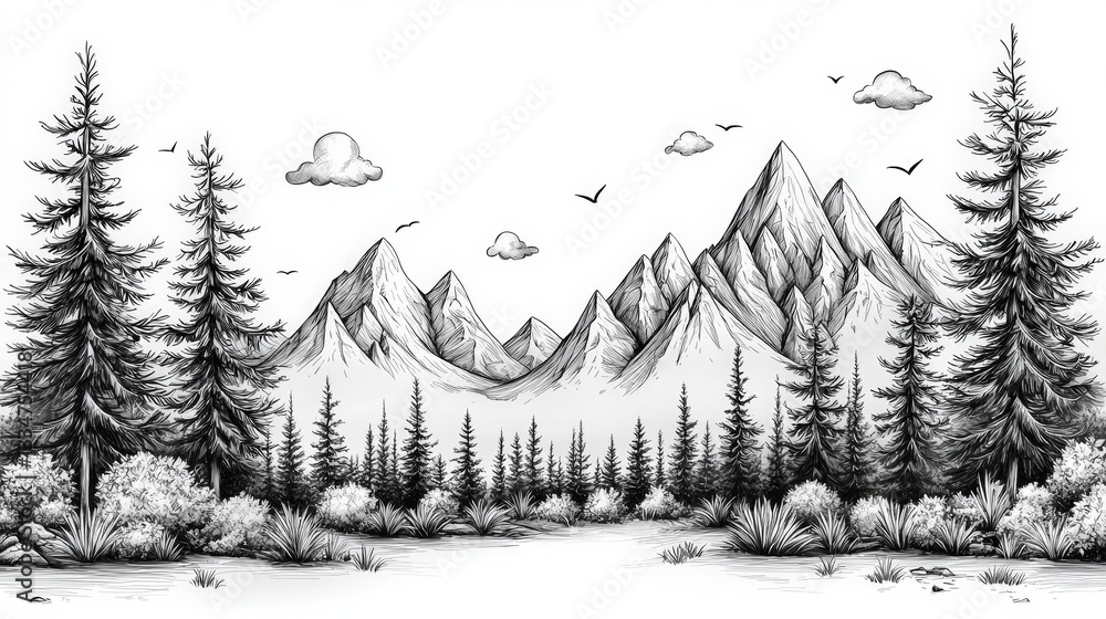 Fototapeta premium Black and White Illustration of Mountain Landscape with Trees and Clouds in a Scenic View