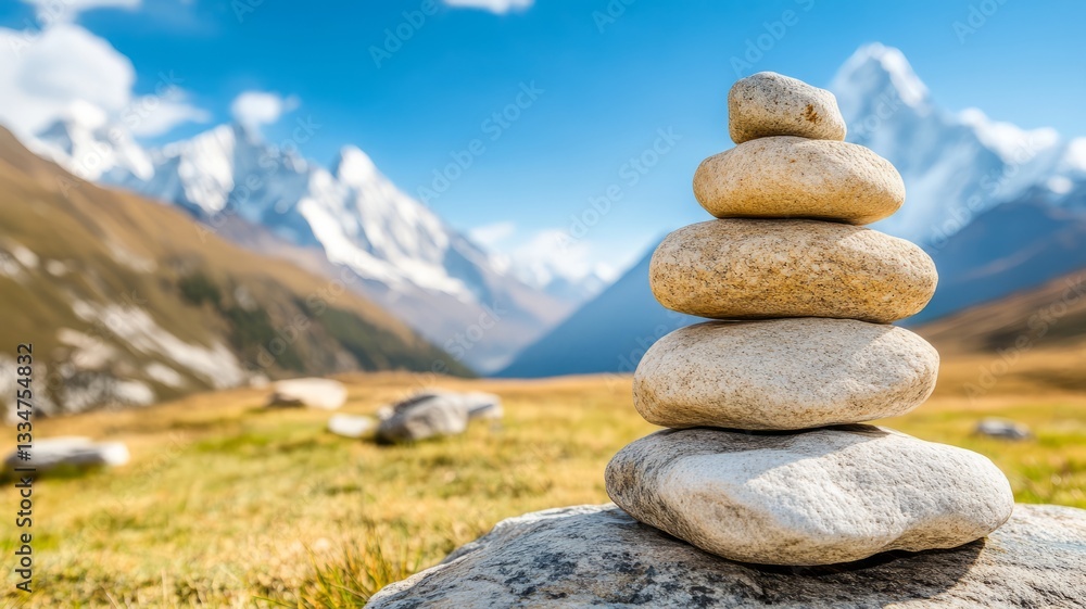 Serene Stacked Stones in Nature with Majestic Mountains and Clear Blue Sky Serene Stacked Stones in Nature with Majestic Mountains and Clear Blue Sky