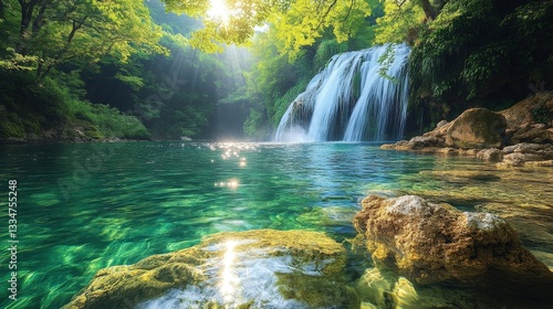 Picturesque Waterfall Cascading Into Turquoise Clear Water Surrounded by Green Foliage and Rocks