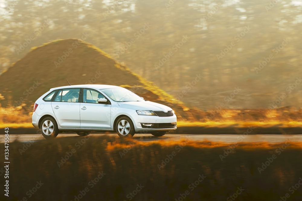 Fototapeta premium Small hatchback driving through serene countryside