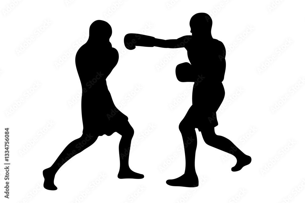 A vector silhouette of two boxers, one throwing a punch while the other is dodging it, set against a white background. A vector silhouette of two boxers, one throwing a punch while the other is dodging it, set against a white background.