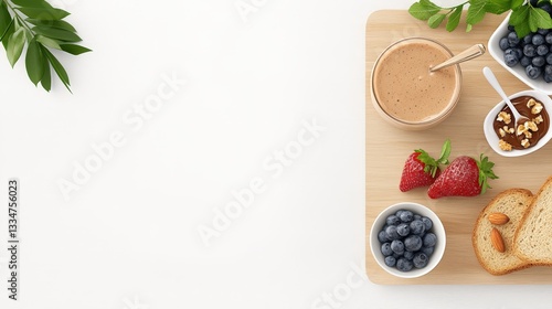 Wallpaper Mural A wooden platter featuring a variety of healthy foods, including fruits, nut butter, and whole grain bread. Torontodigital.ca