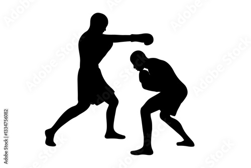 A vector silhouette of two boxers, one throwing a punch while the other is dodging it, set against a white background.