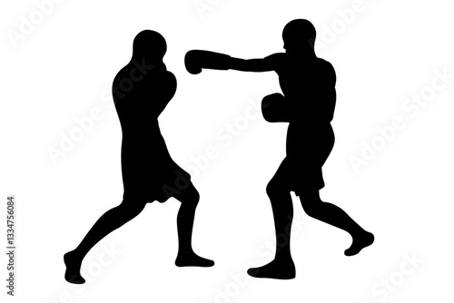A vector silhouette of two boxers, one throwing a punch while the other is dodging it, set against a white background.
