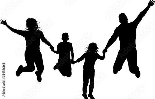 Une silhouette de jeunes parents joyeux, énergiques et tendres, qui saute ensemble avec leurs enfants, partageant un moment de pur bonheur familial sur un fond transparent