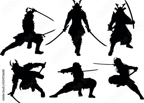Samurai Cloaked Silhouette Vector Illustration Set