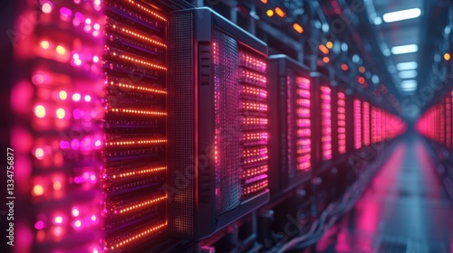 Glowing Hardware Powering Bitcoin Mining in a Clean Tech Facility. Generative AI