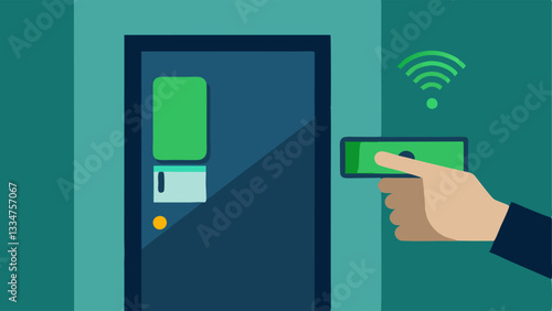 Secure Entrance via Biometrics A door with a biometric scanner mounted on it showing a hand placing a finger on the scanner with a glowing green light signifying access granted.