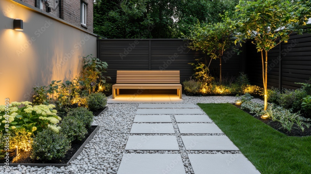 Fototapeta premium Elegant Backyard Garden with Geometric Stone Pathway and Lighting