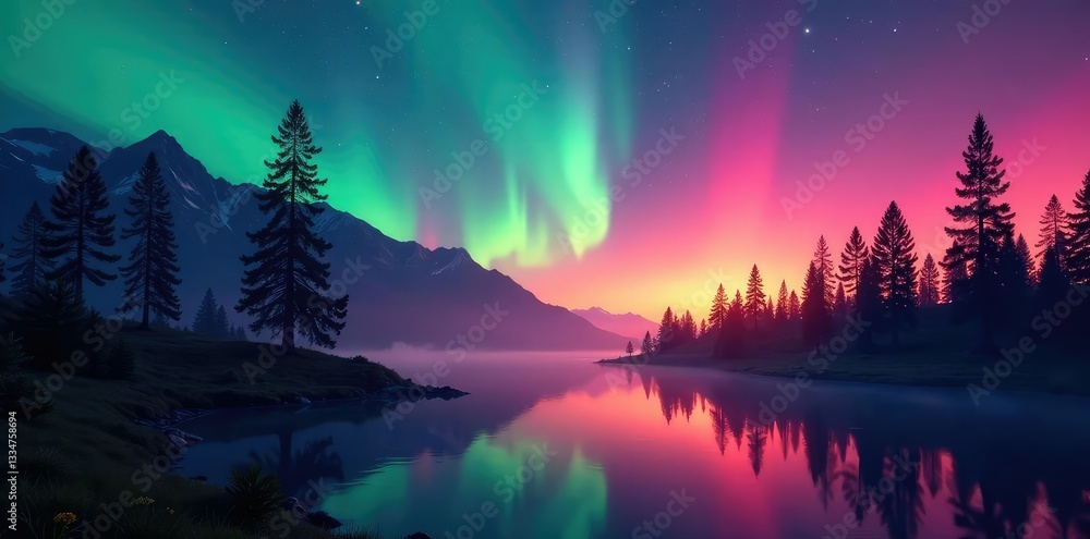 The glow of aurora borealis illuminates the forest at dusk, scenery, dusk The glow of aurora borealis illuminates the forest at dusk, scenery, dusk