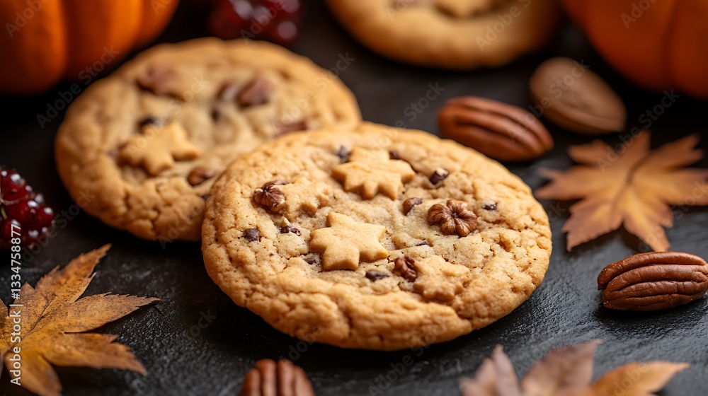 Autumnal pecan cookies with pumpkins and fall leaves. Autumnal pecan cookies with pumpkins and fall leaves.