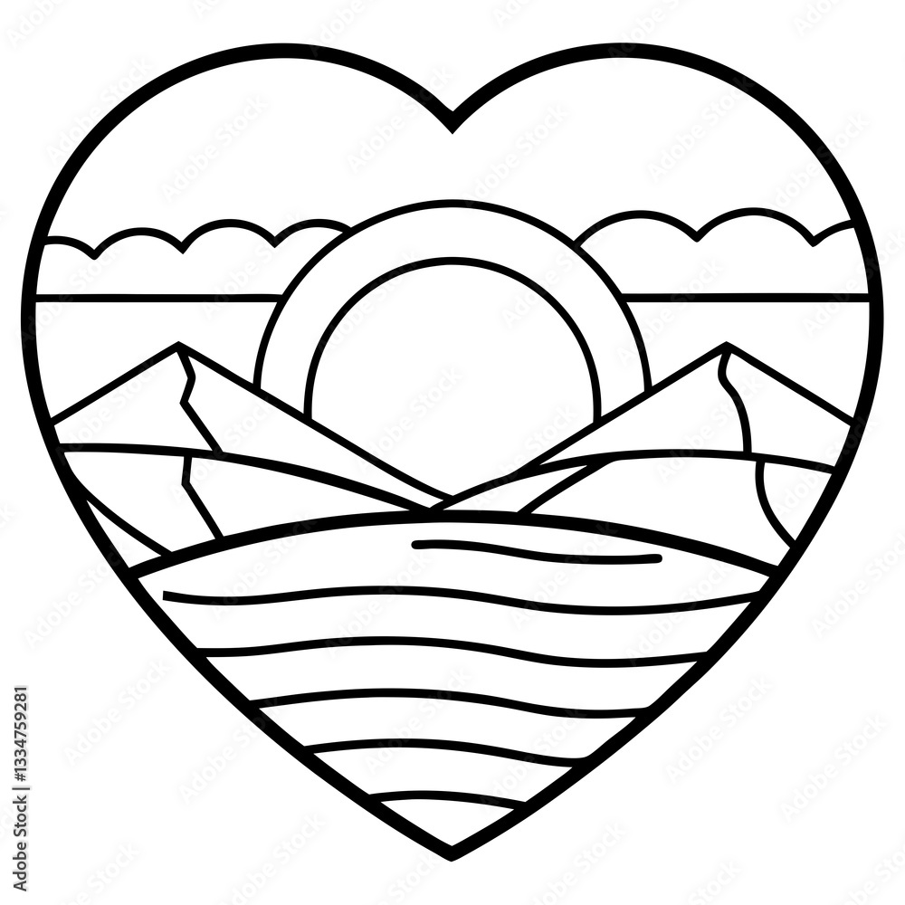 Elegant Line Art Sunset and Heart Lake Elegant Line Art Sunset and Heart Lake
