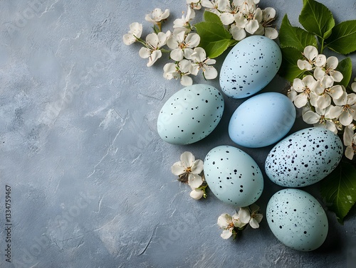 Easter Pastel Palette: Captivating, speckled Easter eggs, harmoniously arranged alongside delicate blossoms on a rustic, textured background, evoke the joy of spring