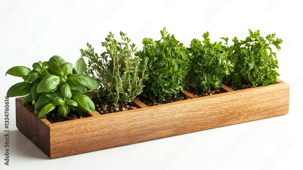 Wooden box overflowing with fresh herbs, basil, thyme, and parsley growing together Wooden box overflowing with fresh herbs, basil, thyme, and parsley growing together