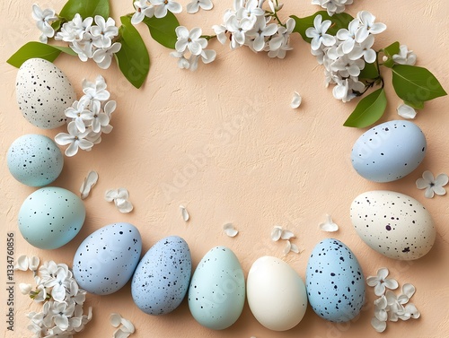 Easter Eggs and Blossoms: A picturesque composition of pastel-colored eggs and delicate blossoms forming a circular frame, perfect for conveying themes of spring and renewal.