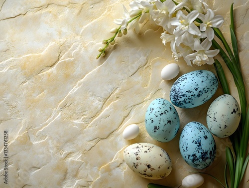 Easter Eggs and Floral Elegance: A pastel-toned composition with speckled Easter eggs artfully arranged amidst delicate white blossoms on a textured surface.