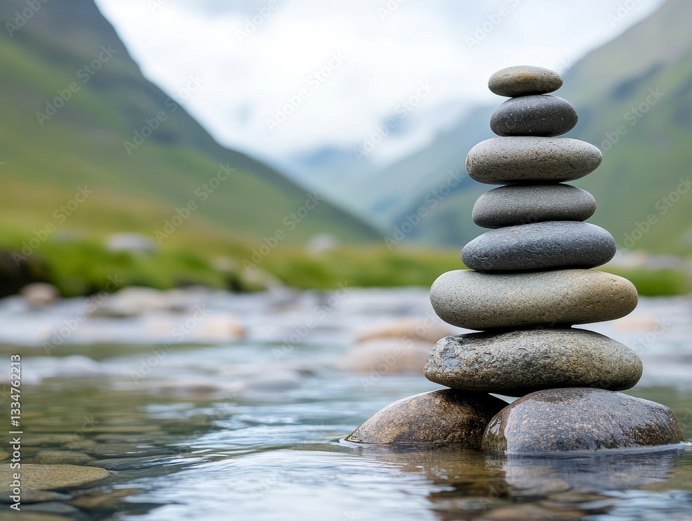 Serene Rock Stack in Clear Mountain Stream Surrounded by Mist Serene Rock Stack in Clear Mountain Stream Surrounded by Mist