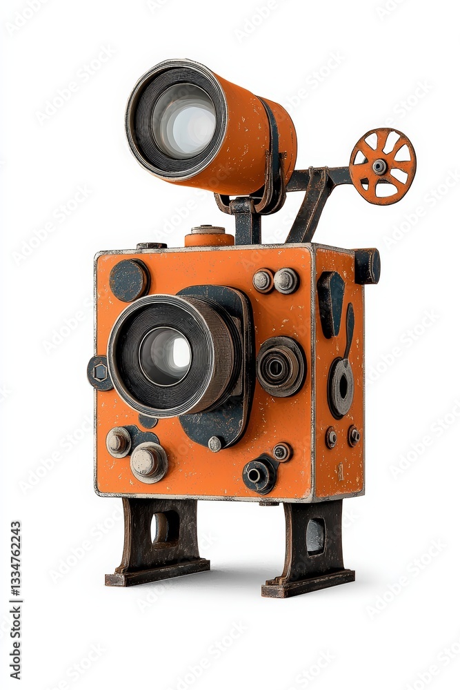 Fototapeta premium Vintage camera with orange accents, showcasing retro design and mechanical details, perfect for photography enthusiasts.
