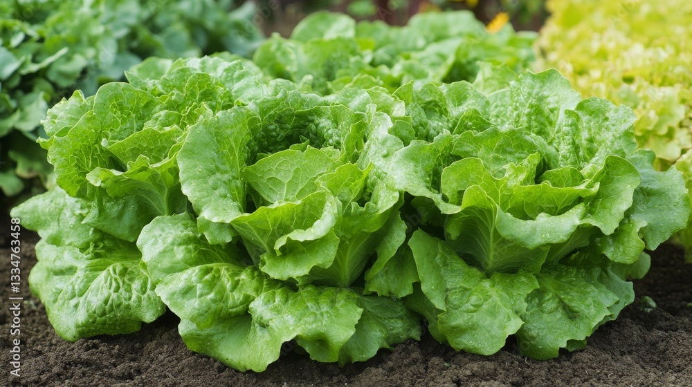 Fresh green lettuce heads growing in a well-tended garden under bright sunlight Fresh green lettuce heads growing in a well-tended garden under bright sunlight