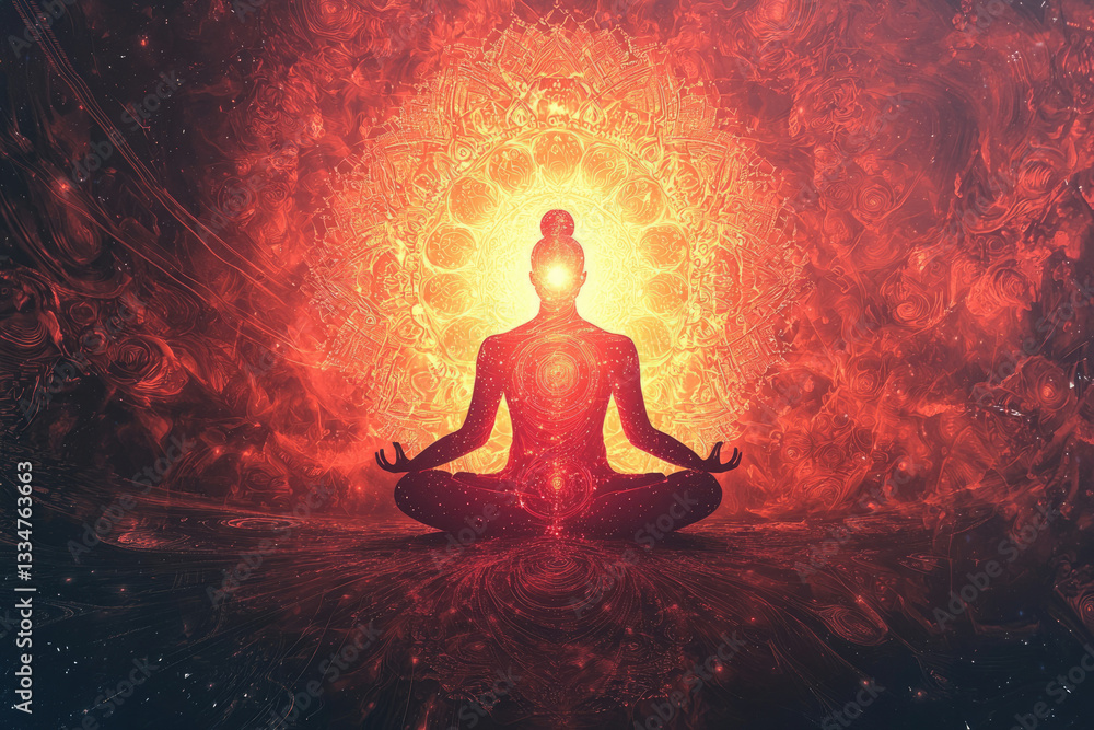 A meditative figure sits serenely, bathed in fiery cosmic energy, radiating inner peace and enlightenment. A meditative figure sits serenely, bathed in fiery cosmic energy, radiating inner peace and enlightenment.