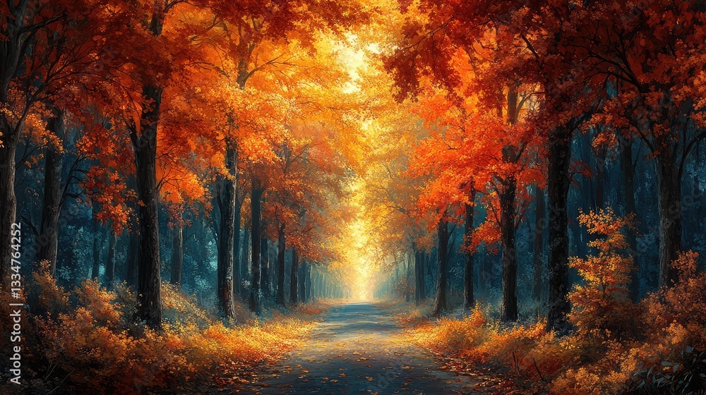 A dreamy autumn scene with a country road lined with colorful trees, leading into a peaceful forest A dreamy autumn scene with a country road lined with colorful trees, leading into a peaceful forest
