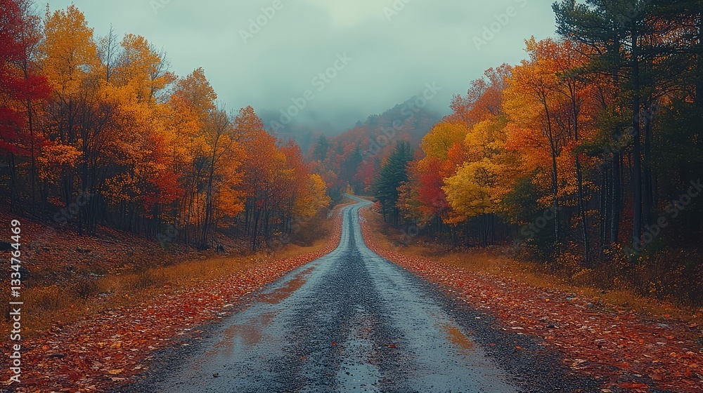 Obraz premium A dreamy autumn scene with a country road lined with colorful trees, leading into a peaceful forest