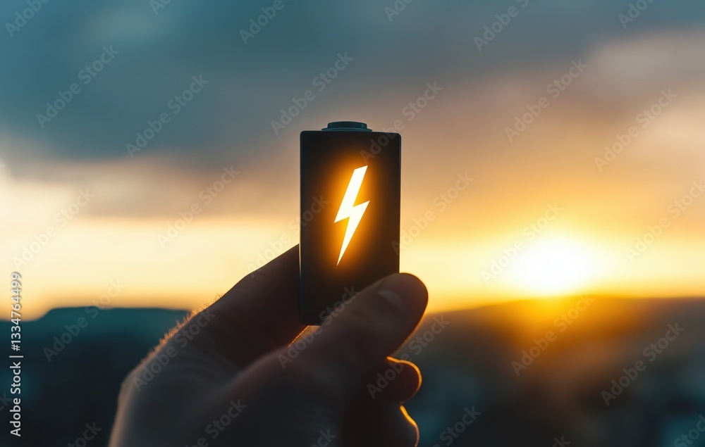 Fototapeta premium A hand holds a battery with a lightning bolt symbol against a sunset backdrop, symbolizing energy and power.
