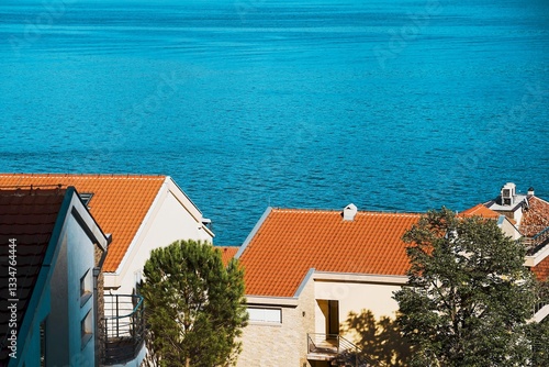 Coastal village by mountains and water