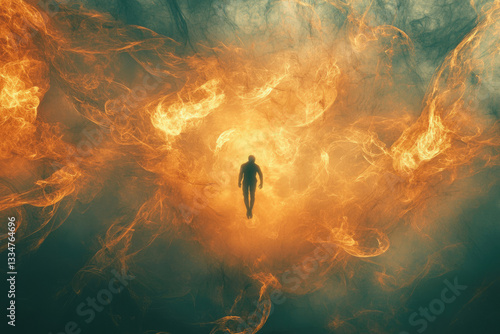 A lone figure ascends through a swirling vortex of fiery, ethereal energy, transcending earthly realms.