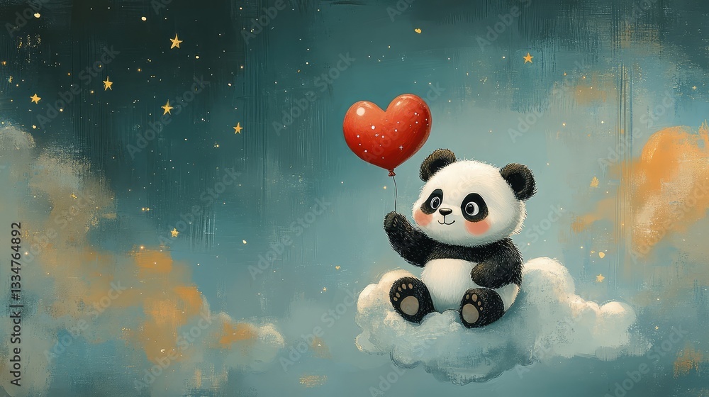 A dreamy cartoon panda floating on a cloud, holding a heart-shaped balloon, surrounded by a rainbow and stars A dreamy cartoon panda floating on a cloud, holding a heart-shaped balloon, surrounded by a rainbow and stars