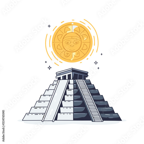 Ancient Mayan pyramid vector with a stylized sun. Minimalist and modern illustration symbolizing history, archaeology, culture, and ancient civilizations.