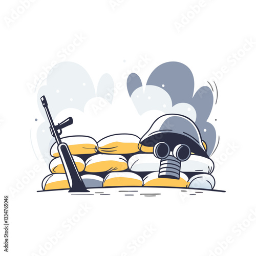 Military trench vector with sandbags, a rifle, helmet, and gas mask. Minimalist and modern illustration symbolizing war, defense, battlefield, and survival.