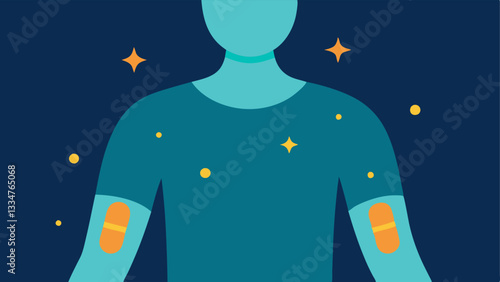 Patches on Skin A closeup illustration showing antiaging patches applied to a persons arm featuring a glowing effect around the patches to symbolize rejuvenation.