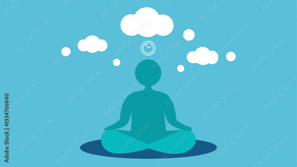 Meditative Focus A serene figure meditating with a thought bubble showing peace signs and symbols demonstrating meditations role in calming the mind and reframing thoughts. Meditative Focus A serene figure meditating with a thought bubble showing peace signs and symbols demonstrating meditations role in calming the mind and reframing thoughts.