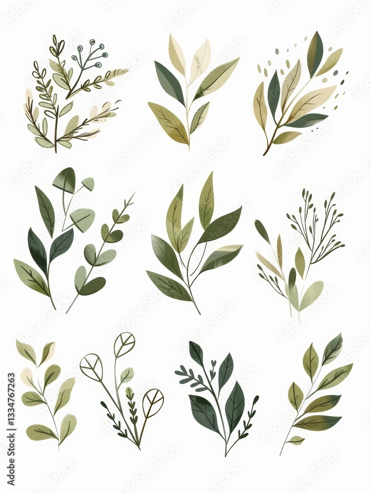 A Collection of Green Leaves and Branches in Various Shapes and Sizes A Collection of Green Leaves and Branches in Various Shapes and Sizes