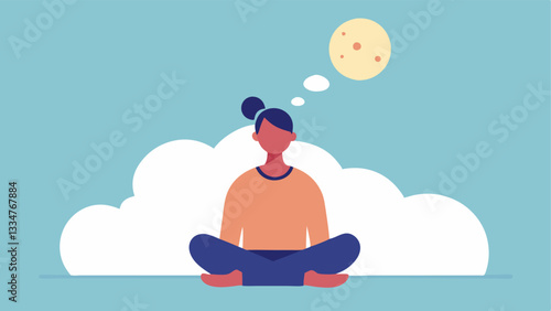 Mindfulness Moment An illustration of a person practicing mindfulness in a serene setting focusing on their breath while a thought bubble shows fleeting feelings of guilt drifting