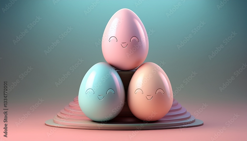 Fototapeta premium A cute 3D render of three pastel-colored Easter eggs stacked on top of each other, softly glowing with a festive springtime feel.